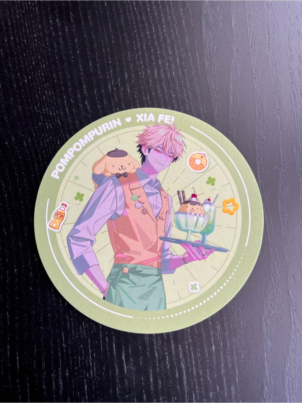 Sanrio Link Click Pompompurin Xia Fei Round Art Card Coaster Green 3.5" Cafe